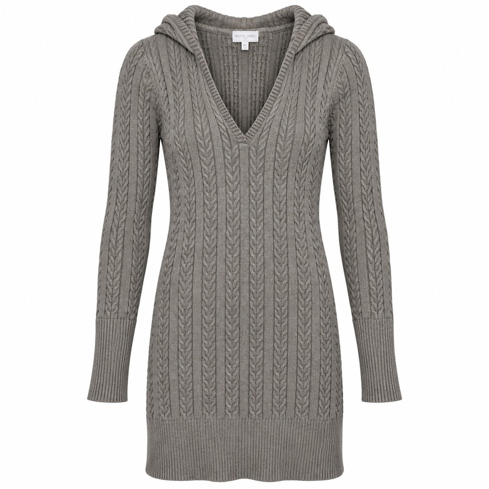 Riley & James Sweater Dress Womens XL Grey Excellent Cable Knit Hooded V-Neck